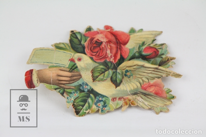 Collectable Antique Stamped Cards: Antiguo Cromo de Picar / Troquelado - Chocolates Juncosa / Paloma Con Flores - 8,5 x 6 cm