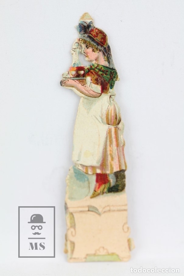 Collectionnisme Cartes &agrave; collectionner massicot&eacute;es anciennes: Antiguo Cromo de Picar / Troquelado - Chocolates Jaime Boix/Mujer De &Eacute;poca Con Botella -6 cm Largo