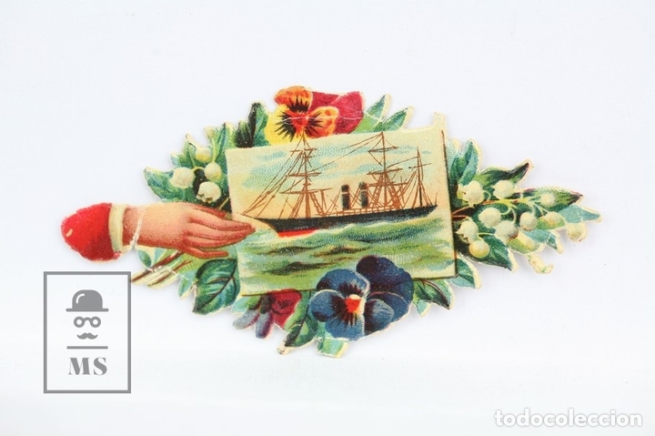 Collectionnisme Cartes &agrave; collectionner massicot&eacute;es anciennes: Antiguo Cromo de Picar / Troquelado - Chocolate / Flores con Barco - Sin Publicidad - 7,5 cm Largo