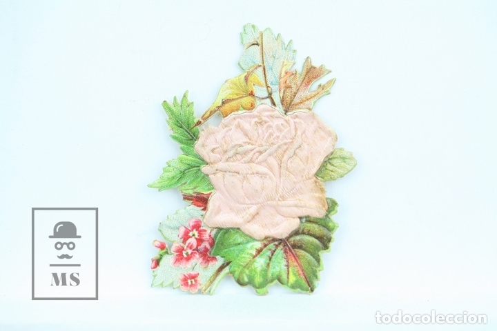 Collectionnisme Cartes &agrave; collectionner massicot&eacute;es anciennes: Antiguo Cromo de Picar / Troquelado - Chocolate / Flor en Relieve Rosa - Sin Publicidad