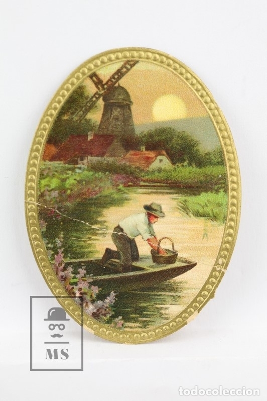 Collectionnisme Cartes &agrave; collectionner massicot&eacute;es anciennes: Antiguo Cromo de Picar / Troquelado - Galletas Y Bizcochos La Gloria / Paisaje Con Rio y Molino