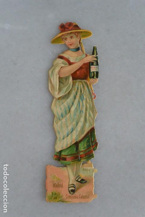 Collezionismo Figurine ritagliate antiche: CROMO TROQUELADO SE&Ntilde;ORITA CON BOTELLA. PUBLICIDAD COMPA&Ntilde;IA COLONIAL MADRID