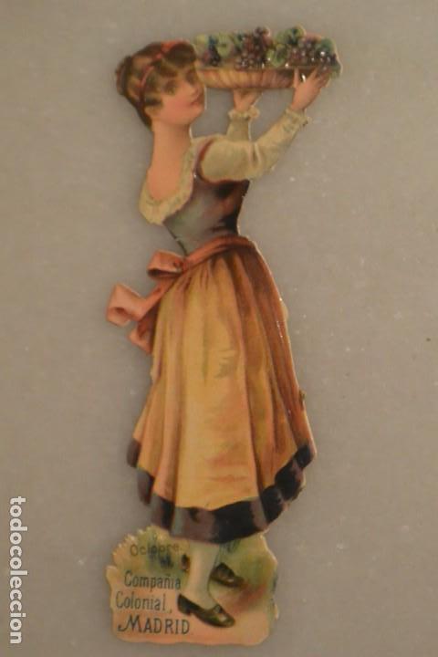 Collectable Antique Stamped Cards: CROMO TROQUELADO SE&Ntilde;ORA CON FRUTAS PUBLICIDAD COMPA&Ntilde;IA COLONIAL MADRID