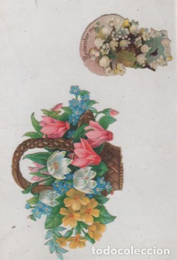 Sammeln alte gestanzte Sammelbilder: 3 cromos troquelados, abanicos con flores y cesto de flores. Sin publicidad. 9 x 5,50 cm el mas gran