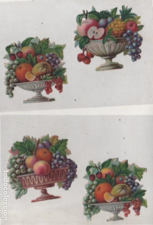 Sammeln alte gestanzte Sammelbilder: 4 cromos troquelados, cestos con frutas. Sin publicidad. 6 x 7 cm cada uno