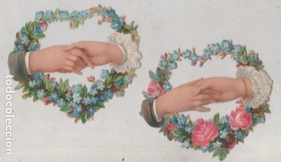 Sammeln alte gestanzte Sammelbilder: 2 cromos troquelados, manos con corazones de flores. Sin publicidad. 7 x 5,50 cm