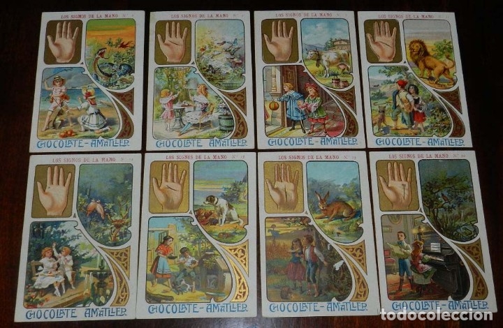 Colecionismo Cromos recortados antigos: 8 CROMOS DE CHOCOLATE AMATLLER, LOS SIGNOS DE LA MANO, SON LOS NUM. 1, 5, 7, 11, 14, 18, 19, 20. MID