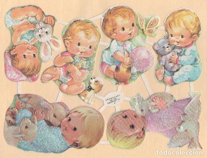 Colecionismo Cromos recortados antigos: Antigua l&aacute;mina de cromos troquelados Cromocart O 4 con purpurina - beb&eacute;s