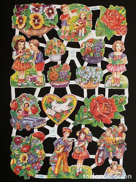 Colecionismo Cromos recortados antigos: ZPR. LAMINA DE CROMOS TROQUELADOS CON BRILLO Y RELIEVE EF - 7002 - FLORES Y CHICOS
