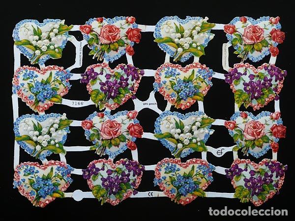 Coleccionismo Cromos troquelados antiguos: ZPR. LAMINA DE CROMOS TROQUELADOS CON BRILLO Y RELIEVE EF - 7166 - CORAZONES CON FLORES
