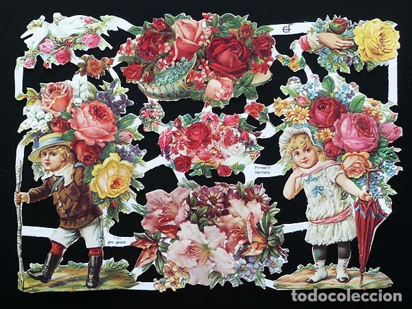 Coleccionismo Cromos troquelados antiguos: ZPR. LAMINA DE CROMOS TROQUELADOS CON BRILLO Y RELIEVE EF - 7185 - PAREJA CON FLORES