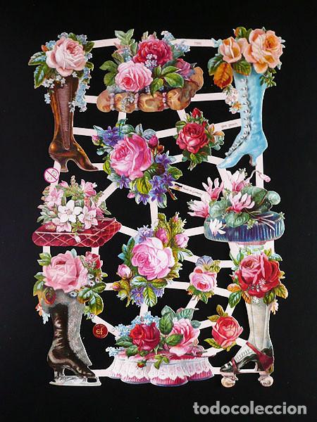 Collectable Antique Stamped Cards: ZPR. LAMINA DE CROMOS TROQUELADOS CON BRILLO Y RELIEVE EF - 7350 - FLORES, BOTAS, PATINES.