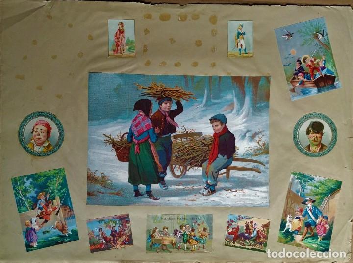 Colecionismo Cromos recortados antigos: 21-Antigua lamina montada con diversos cromos de picar y otros VER