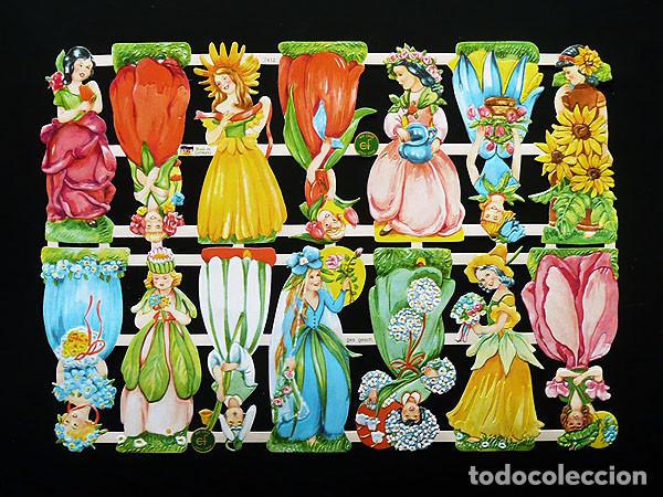 Colecionismo Cromos recortados antigos: ZPR. LAMINA DE CROMOS TROQUELADOS CON BRILLO Y RELIEVE EF - 7412 - NI&Ntilde;AS CON VESTIDOS FLOR