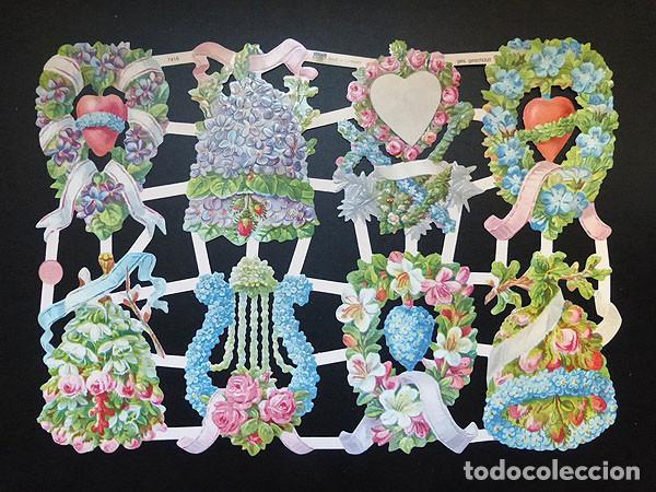 Colecionismo Cromos recortados antigos: ZPR. LAMINA DE CROMOS TROQUELADOS CON BRILLO Y RELIEVE EF - 7416 - FLORES Y CORAZONES