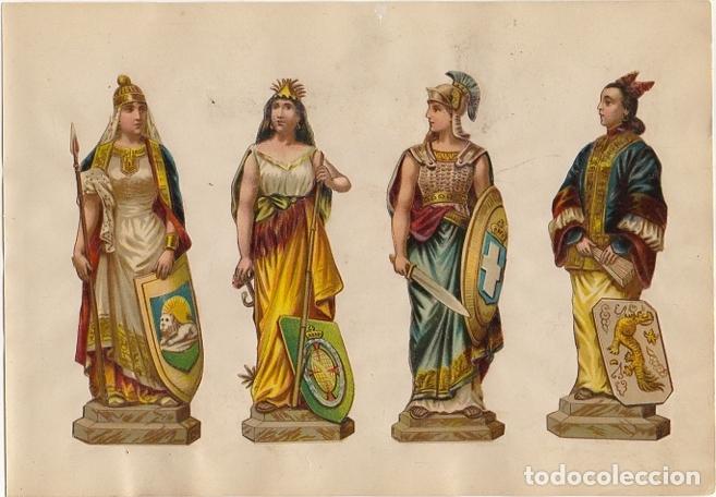 Coleccionismo Cromos troquelados antiguos: 4 CROMOS TROQUELADOS MUJERES GUERRERAS. CON RELIEVE Y BRILLO. EN CARTULINA 23X16 CM LAMCRO-014
