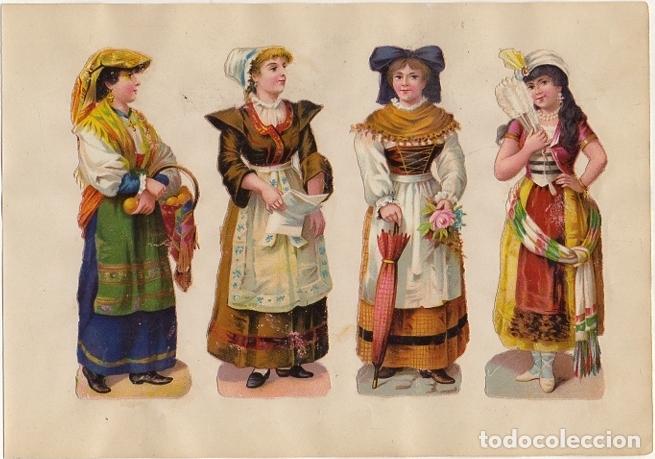 Coleccionismo Cromos troquelados antiguos: 4 CROMOS TROQUELADOS. TRAJES DE EPOCA. CON RELIEVE Y BRILLO. EN CARTULINA 23X16 CM. LAMCRO-017