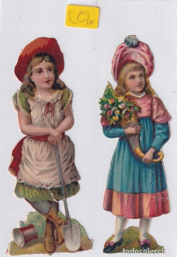 Collectable Antique Stamped Cards: 2 Antiguos cromos troquelados pareja de ni&ntilde;as unos 12 cm