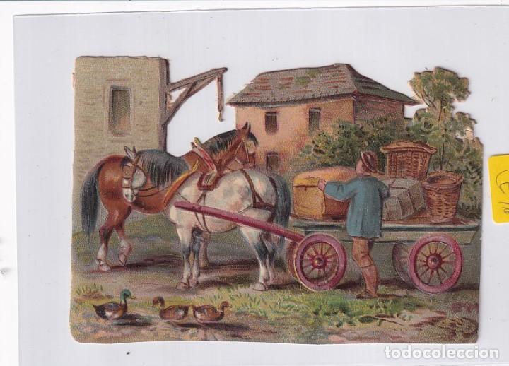 Colecionismo Cromos recortados antigos: Cromo troquelado. Granjero descargando mercancia 11 x 8 cm