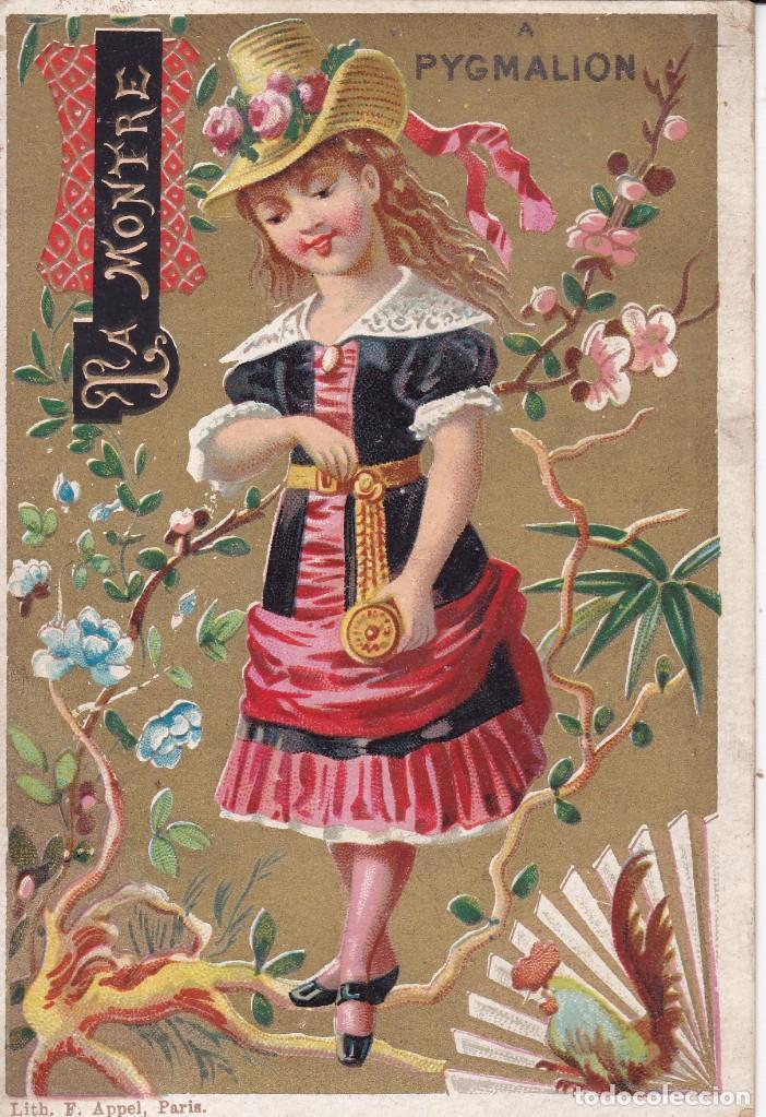Collectionnisme Cartes &agrave; collectionner massicot&eacute;es anciennes: cromo publicidad La Montre pygmalion finales siglo XIX Francia 7,5x11 ctms.
