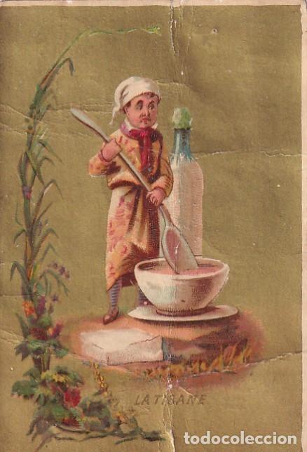 Sammeln alte gestanzte Sammelbilder: Cromo la tisana con publicidad Antigua Bodega de M&eacute;trida. Madrid Calle Ballesta. 11 x 8 cm