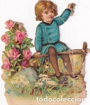 Sammeln alte gestanzte Sammelbilder: Cromo troquelado ni&ntilde;o sentado junto con flores. 6 x 4,50 cm