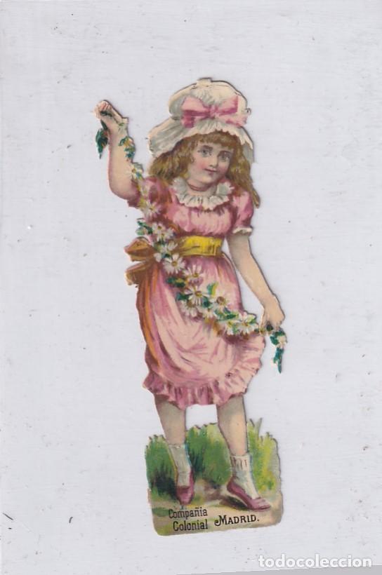 Sammeln alte gestanzte Sammelbilder: Cromo con publicidad Compa&ntilde;&iacute;a colonial. Madrid Chocolates, caf&eacute;s Ni&ntilde;a con flores 11 cm
