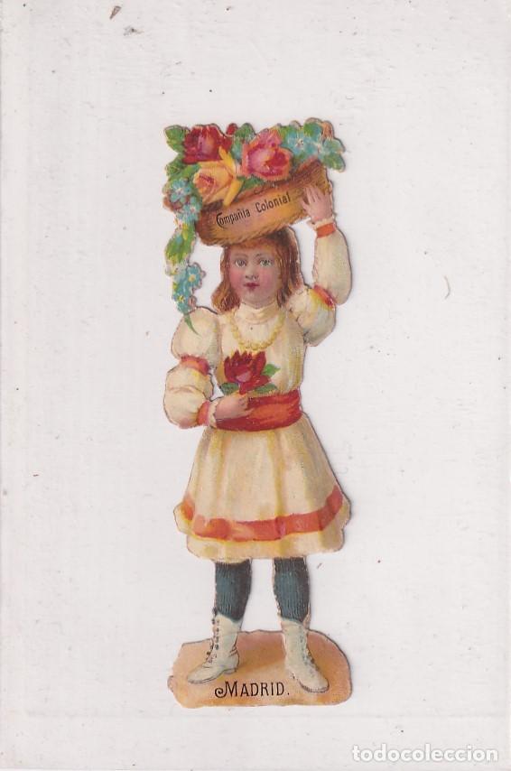 Sammeln alte gestanzte Sammelbilder: Cromo con publicidad Compa&ntilde;&iacute;a colonial. Madrid Chocolates, caf&eacute;s ni&ntilde;a con cesta de flores. 11 cm