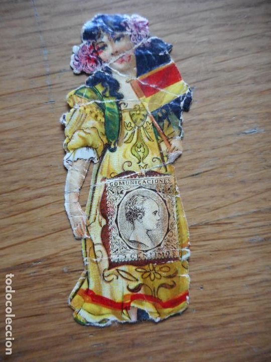 Collectable Antique Stamped Cards: ANTIGUO CROMO TROQUELADO CHOCOLATES JUNCOSA. SELLO CORREOS COMUNICACIONES 5 CENTIMOS