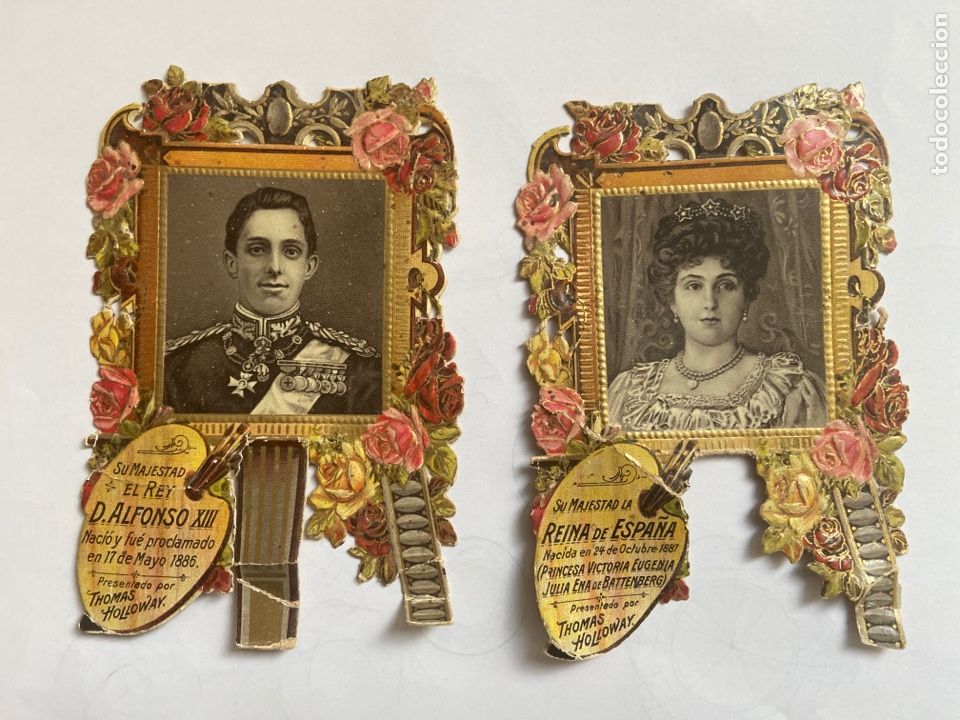 Colecionismo Cromos recortados antigos: Publicidad p&iacute;ldoras Holloway Alfonso XIII mar&iacute;a Eugenia Batenberg carton farmacia ung&uuml;ento