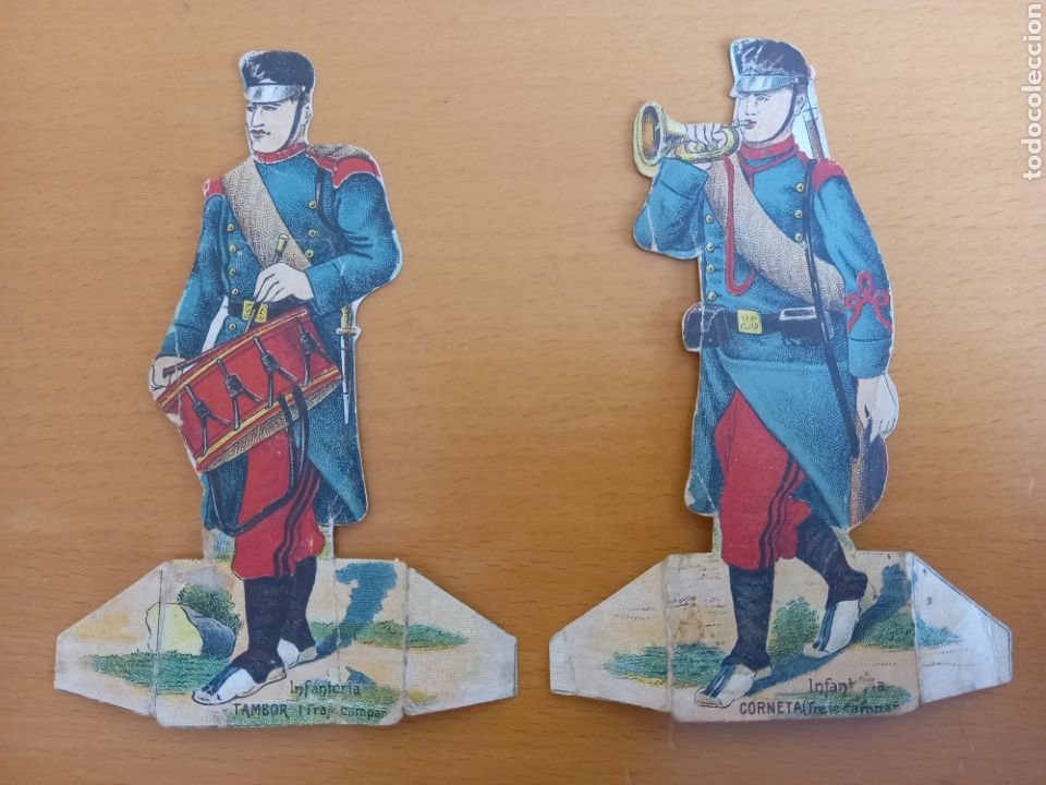 Collectable Antique Stamped Cards: 2 antiguos cromos troquelado chocolate juncosa Infanteria ejercito espa&ntilde;ol corneta en marcha- tambor