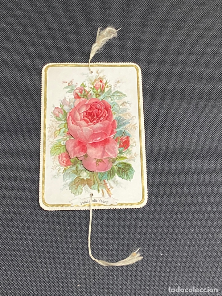 Colecionismo Cromos recortados antigos: TARJETA DE FELICITACI&Oacute;N S. XIX. CON MOVIMIENTO , LA ROSA FLORECE, VER SECUENCIA EN FOTOS.