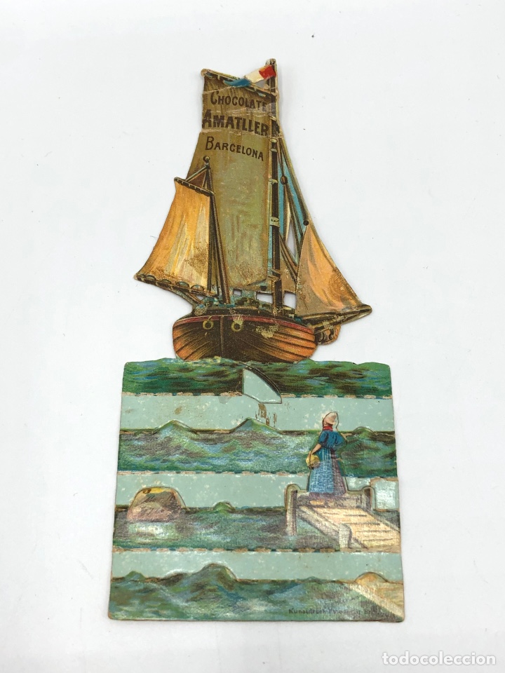 Colecionismo Cromos recortados antigos: CHOCOLATE AMATLLER ANTIGUO CROMO TROQUELADO BARCO A VELA FRANC&Eacute;S DIORAMA.