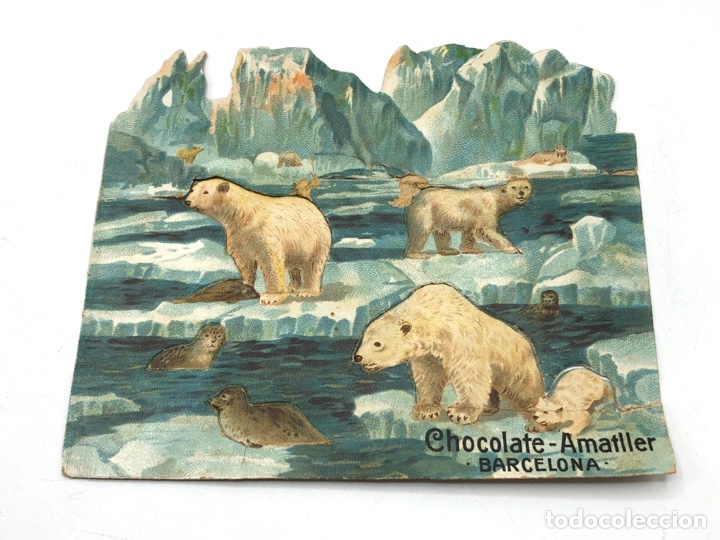 Colecionismo Cromos recortados antigos: ANTIGUO CROMO TROQUELADO CHOCOLATE AMATLLER BARCELONA POLO NORTE GLACIAR OSOS POLARES FOCAS DIORAMA