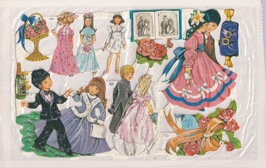 Collectable Antique Stamped Cards: LAMINA CROMOS TROQUELADOS MLP- 1525. PURPURINA. IMAGENES DE BODA.RELIEVE. SIN ABRIR. PURPURINA