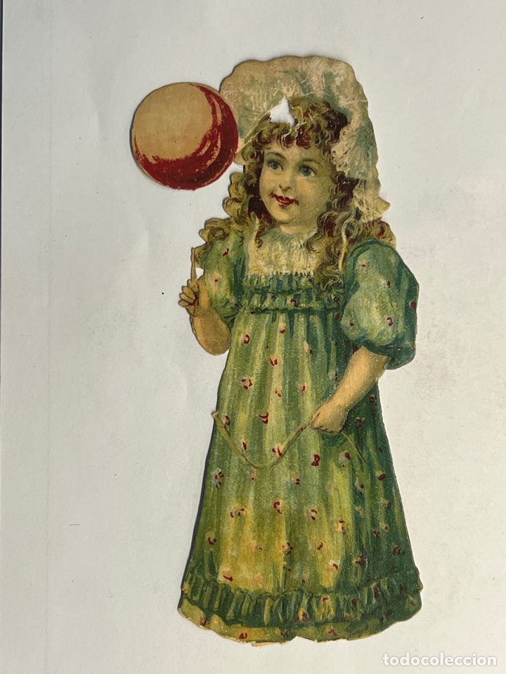 Collectable Antique Stamped Cards: Juncosa? Amatller? La Colonial? Cromo Troquelado LA NI&Ntilde;A DEL GLOBO .. Med&iacute;das: 13 x 5 cm.,