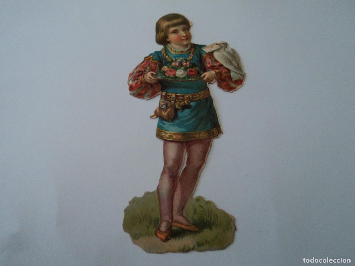 Coleccionismo Cromos troquelados antiguos: cromo troquelado, joven con bandeja de rosas y pelicano con carta, SIN MARCA, 12 cm