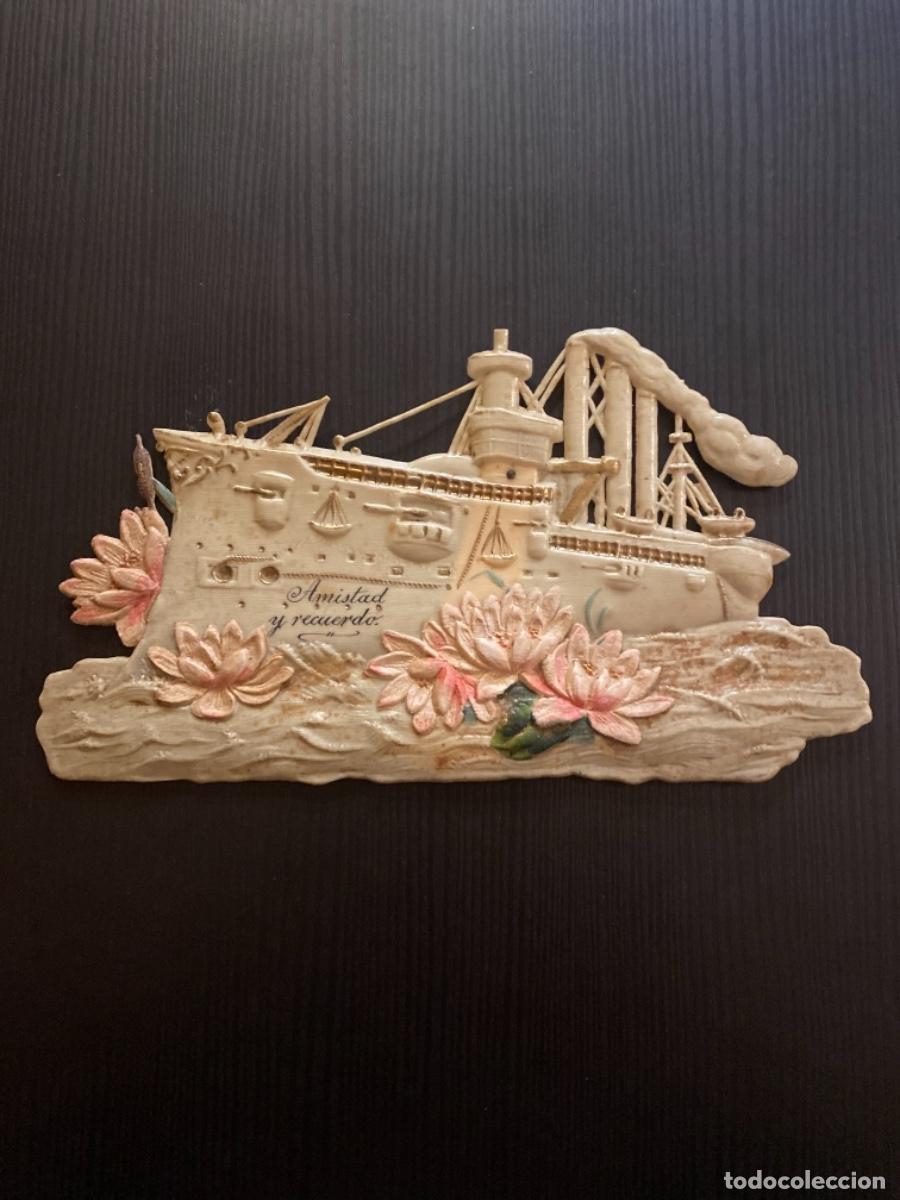 Coleccionismo Cromos troquelados antiguos: Troquelado relieve pl&aacute;stico &eacute;poca crucero recuerdo barco a vapor
