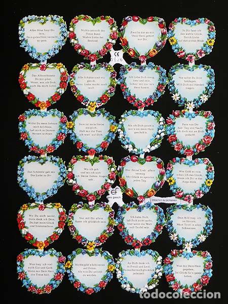 Coleccionismo Cromos troquelados antiguos: ZPR. LAMINA DE CROMOS TROQUELADOS CON BRILLO Y RELIEVE EF - 7126 - CORAZONES CON FLORES TEXTO ALEMAN