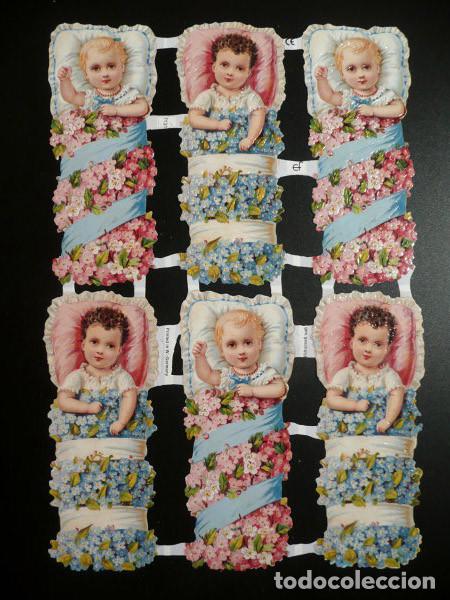 Coleccionismo Cromos troquelados antiguos: ZPR. LAMINA DE CROMOS TROQUELADOS CON BRILLO Y RELIEVE EF - 7131 - BEBES CON FLORES