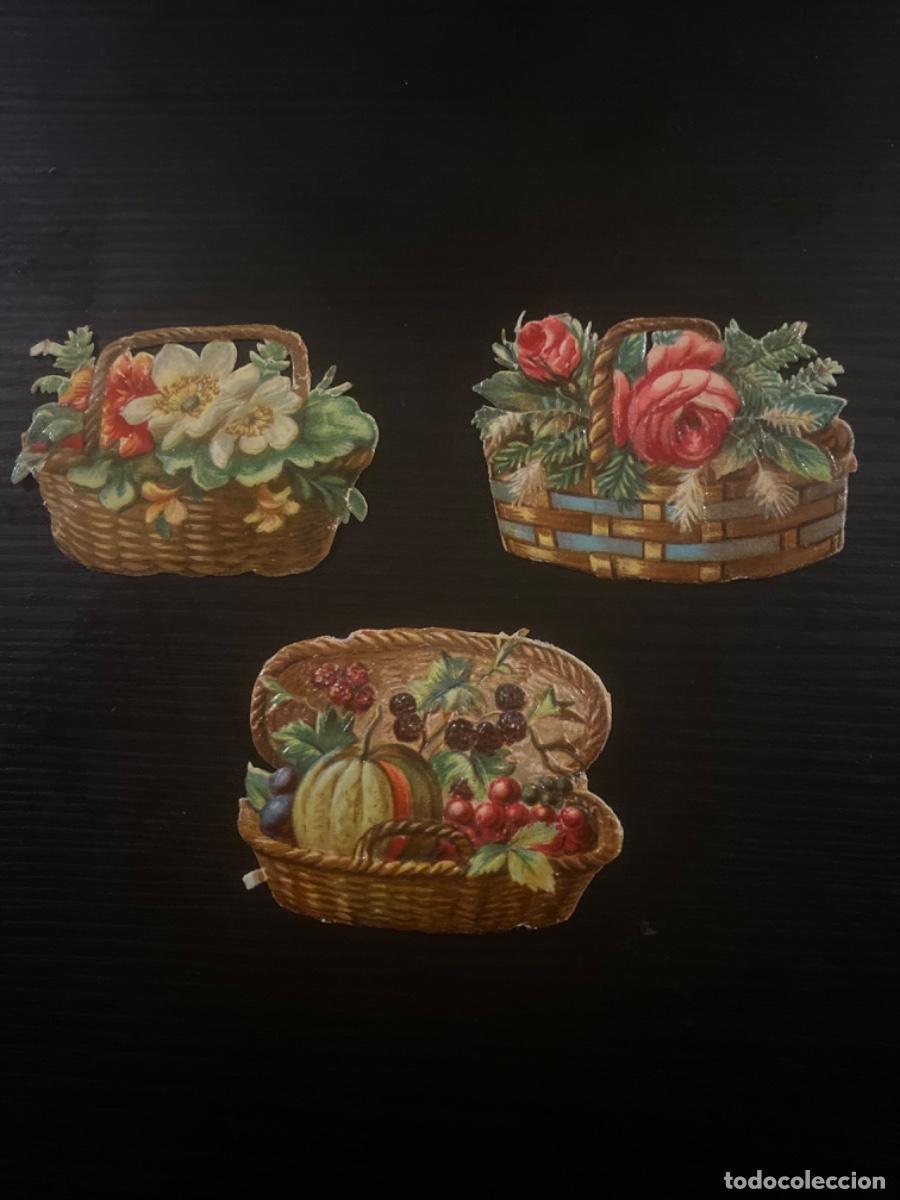 Sammeln alte gestanzte Sammelbilder: Cromo troquelado antiguo cesto flores y frutas 3 unidades