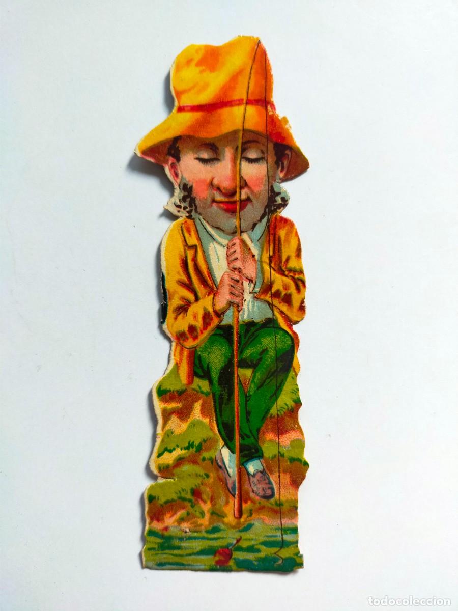 Coleccionismo Cromos troquelados antiguos: CROMO TROQUELADO: CARICATURA PESCADOR (Aprox 12 X 4 CM) - Principios siglo XX
