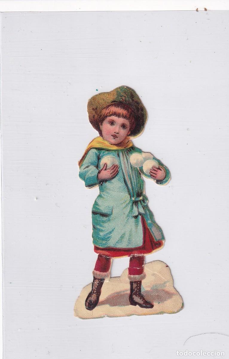Sammeln alte gestanzte Sammelbilder: Precioso cromo troquelado ni&ntilde;o con bolas de nieve. Publicidad Compa&ntilde;&iacute;a colonial Madrid.