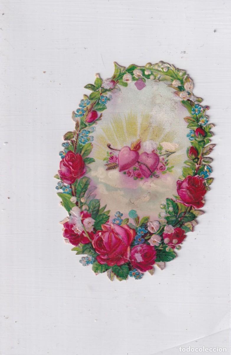 Collectionnisme Cartes &agrave; collectionner massicot&eacute;es anciennes: Precioso cromo troquelado corazones y flores. 6 x 8 cm