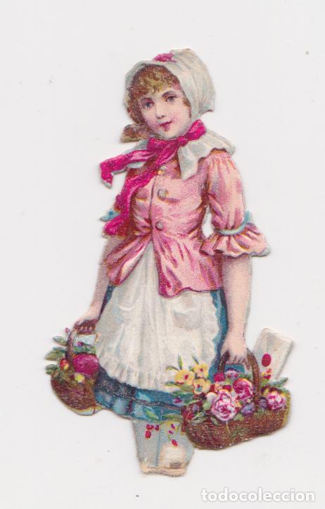 Coleccionismo Cromos troquelados antiguos: CROMO TROQUELADO CON RELIEVE - SE&Ntilde;ORITA CON FLORES - (5X3)