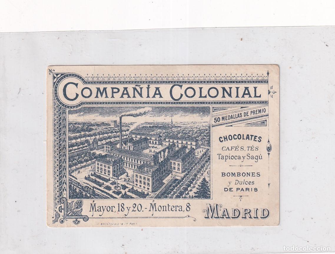Collectionnisme Cartes &agrave; collectionner massicot&eacute;es anciennes: Antigua tarjeta o cromo con publicidad Compa&ntilde;&iacute;a Colonial Madrid. Chocolates. Colon 4&ordm; centenario.