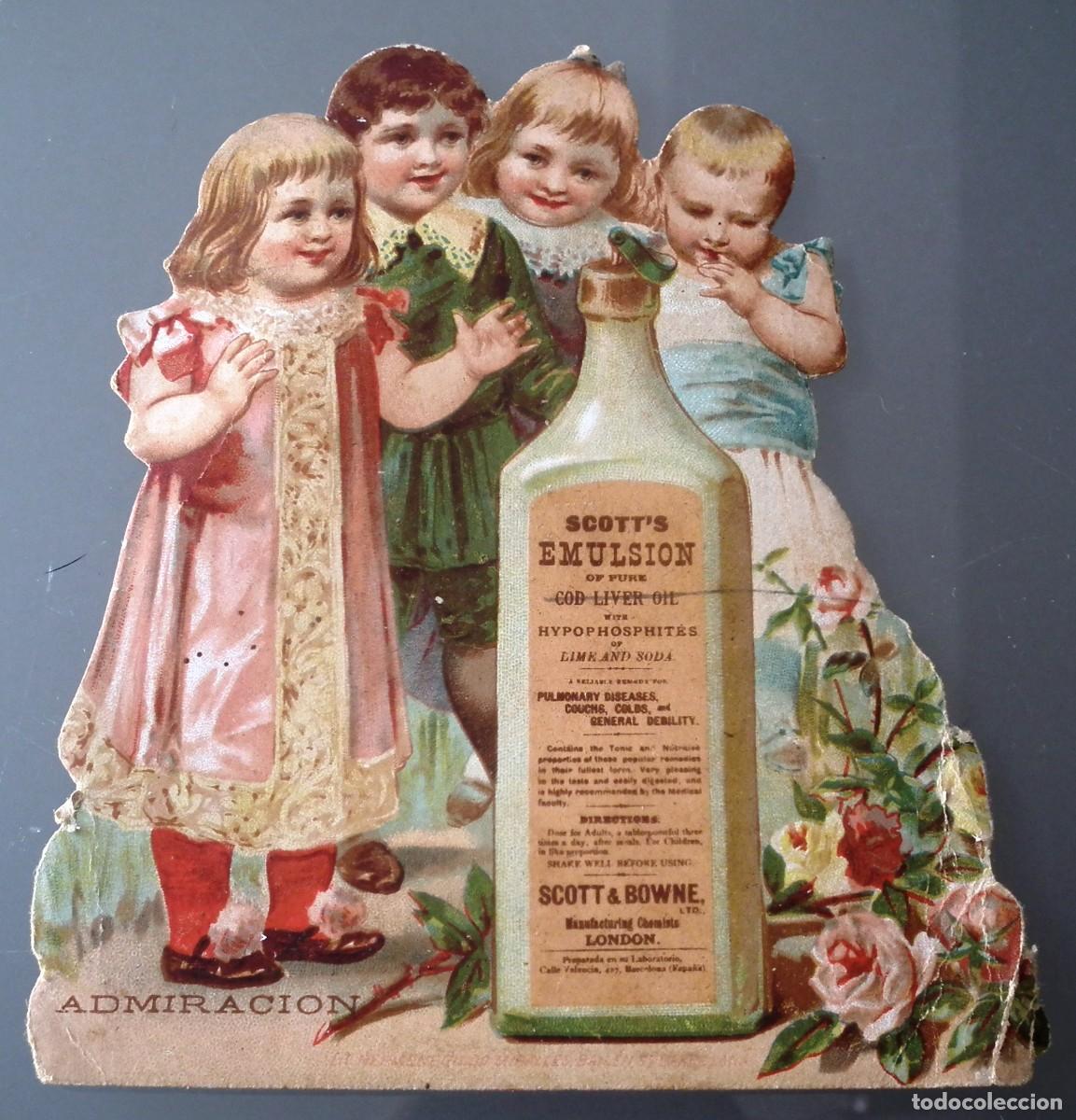 Collectable Antique Stamped Cards: CROMO TROQUELADO PUBLICIDAD EMULSI&Oacute;N DE SCOTT'S (FARMACIA)