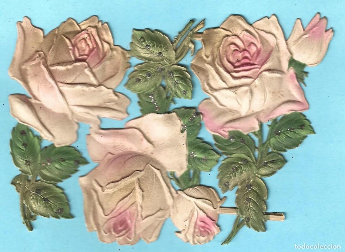 Collectable Antique Stamped Cards: LOTE DE 3 ROSAS TROQUELADAS, CON RELIEVE Y PURPURINA. EN RAMA
