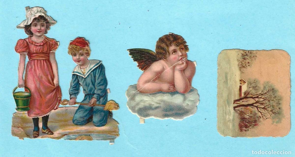 Collectable Antique Stamped Cards: LOTE DE 3 CROMOS TROQUELADOS. NI&Ntilde;OS EN LA PLAYA, ANGELOTE Y PAISAJE INVERNAL