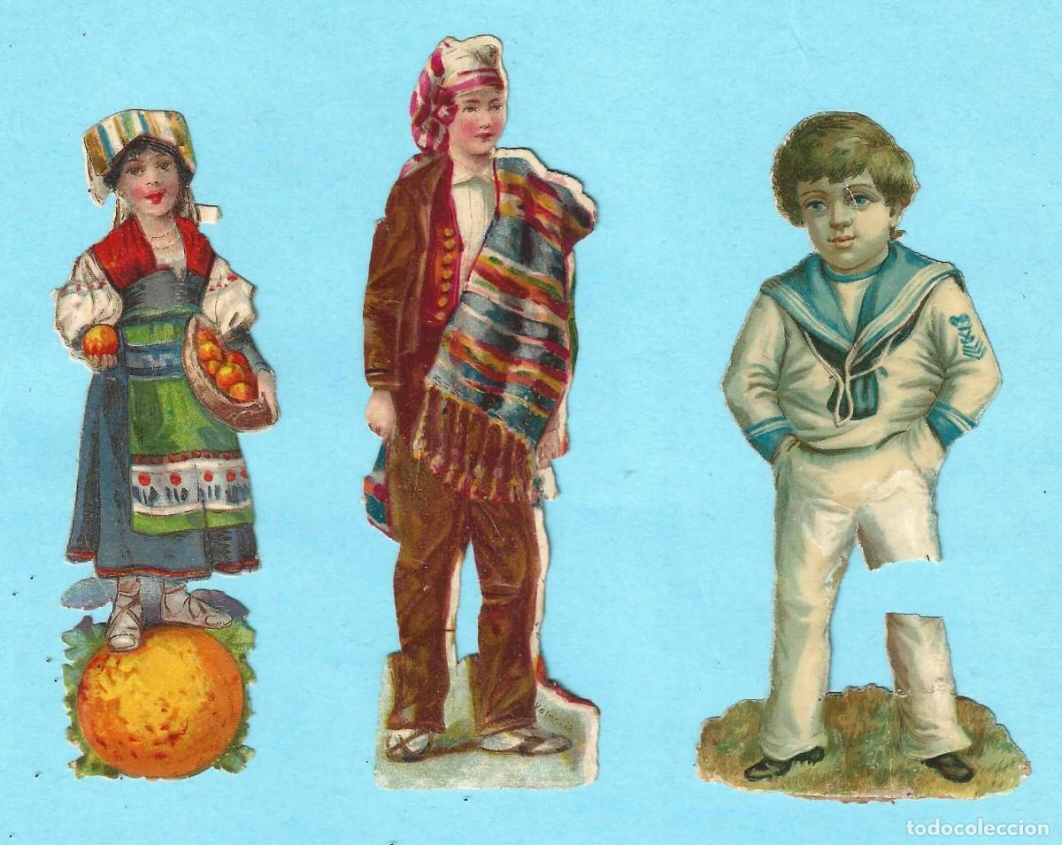 Collectable Antique Stamped Cards: LOTE DE 3 CROMOS TROQUELADOS: MARINERITO, HOMBRE EN TRAJE T&Iacute;PICO Y MUJER CON NARANJAS